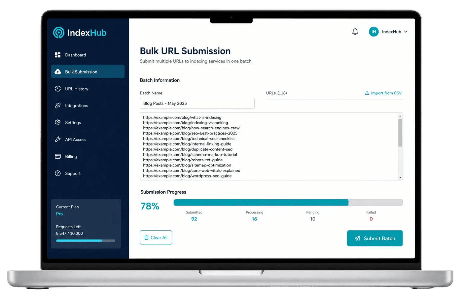 IndexHub bulk URL submission dashboard on laptop